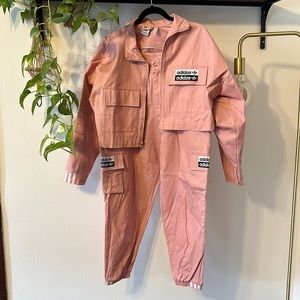 Baby Pink Adidas Set with cropped jacket and cargo joggers